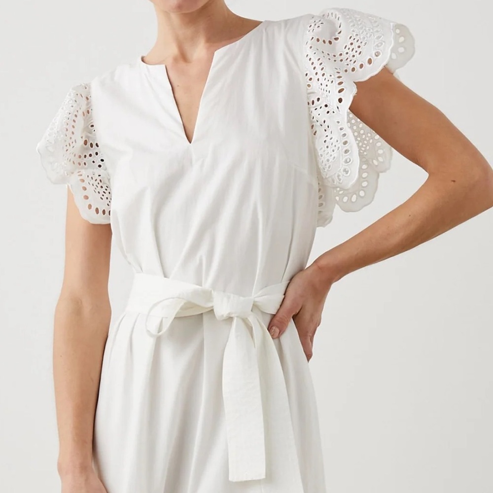 Rails Gia White Midi Dress Medium Eyelet Tiered‎ Flutter Sleeve NO BELT NWOT - Picture 2 of 15